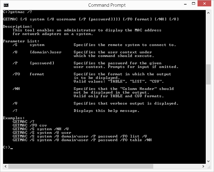 how to get mac address of pc using command prompt