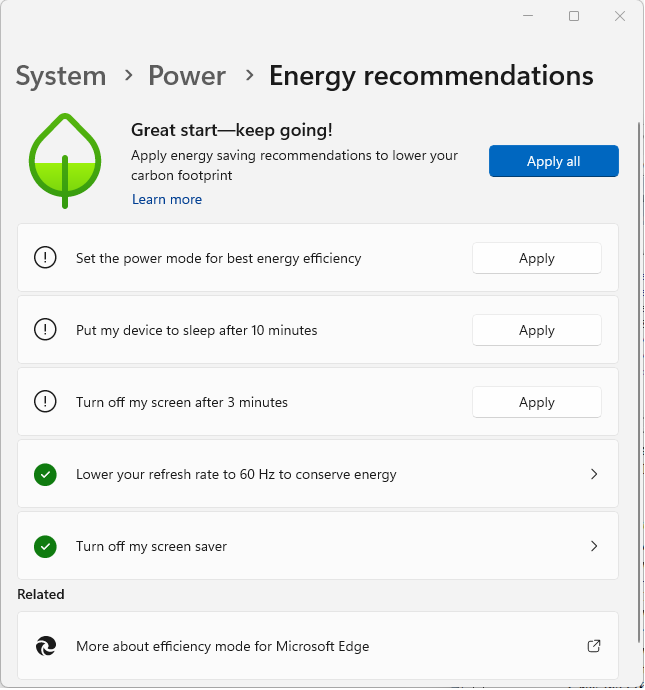 Windows 11 Power > Energy Recommendations