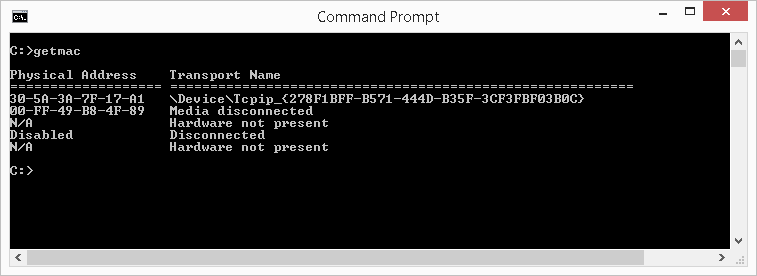 command prompt command to find mac address