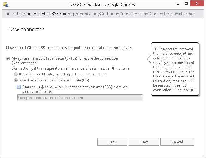 Microsoft 365 TLS Connector Connect Options