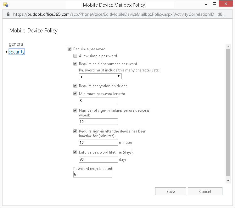 Microsoft 365 Mobile Device Policy Dialog